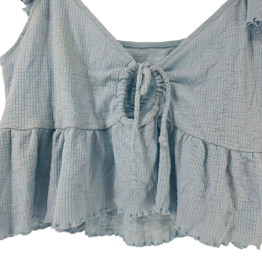 American Eagle Ribbed Crop Top Blue Flutter Sleeves Size XL Keyhole Tie Chest - Picture 3 of 6